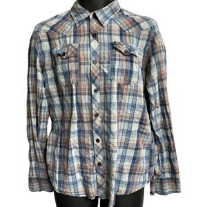 Y2K Element Men Button Up Shirt Size L Blue Plaid Long Sleeve 100% Cotton Skater